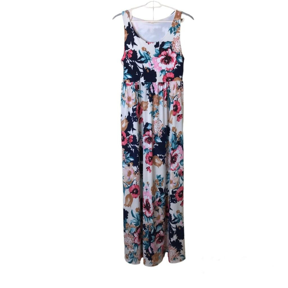 Hailey & Co Womens Maxi Dress Sz S Knit Sleeveless Stretch White Floral Pockets